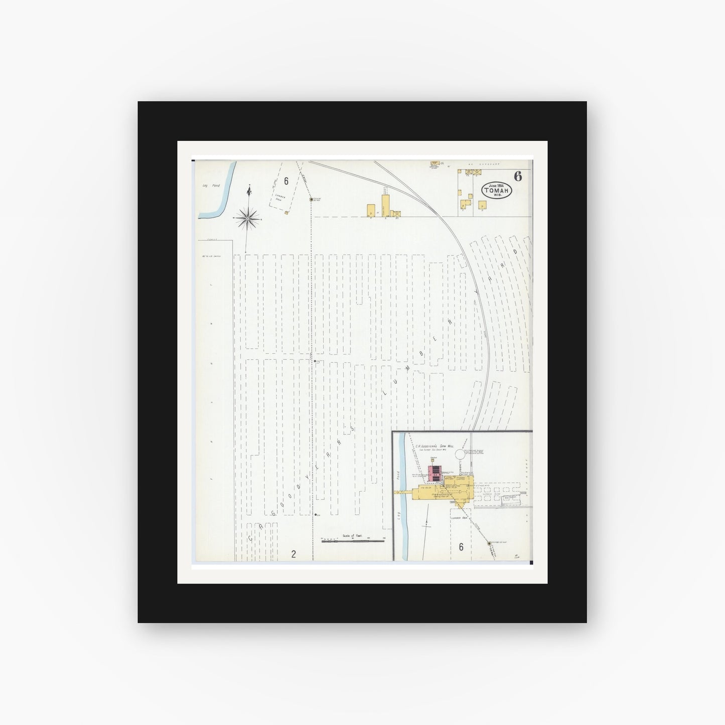 Old map wall art mockup — black gallery frame with white mat — Sanborn Fire Insurance Map from Tomah, Monroe County, Wisconsin (1904), Sheet #0006