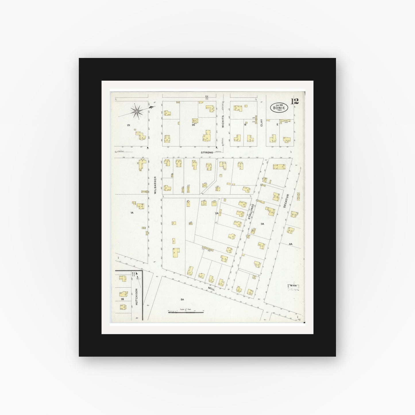 Old map wall art mockup — black gallery frame with white mat — Sanborn Fire Insurance Map from Bowie, Montague County, Texas (1908), Sheet #0012