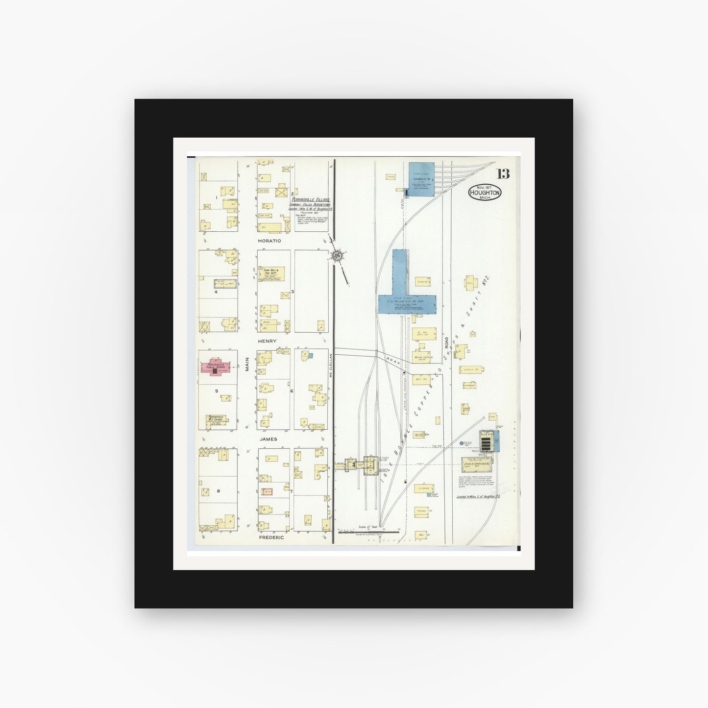 Old map wall art mockup — black gallery frame with white mat — Sanborn Fire Insurance Map from Houghton, Houghton County, Michigan (1917), Sheet #0013