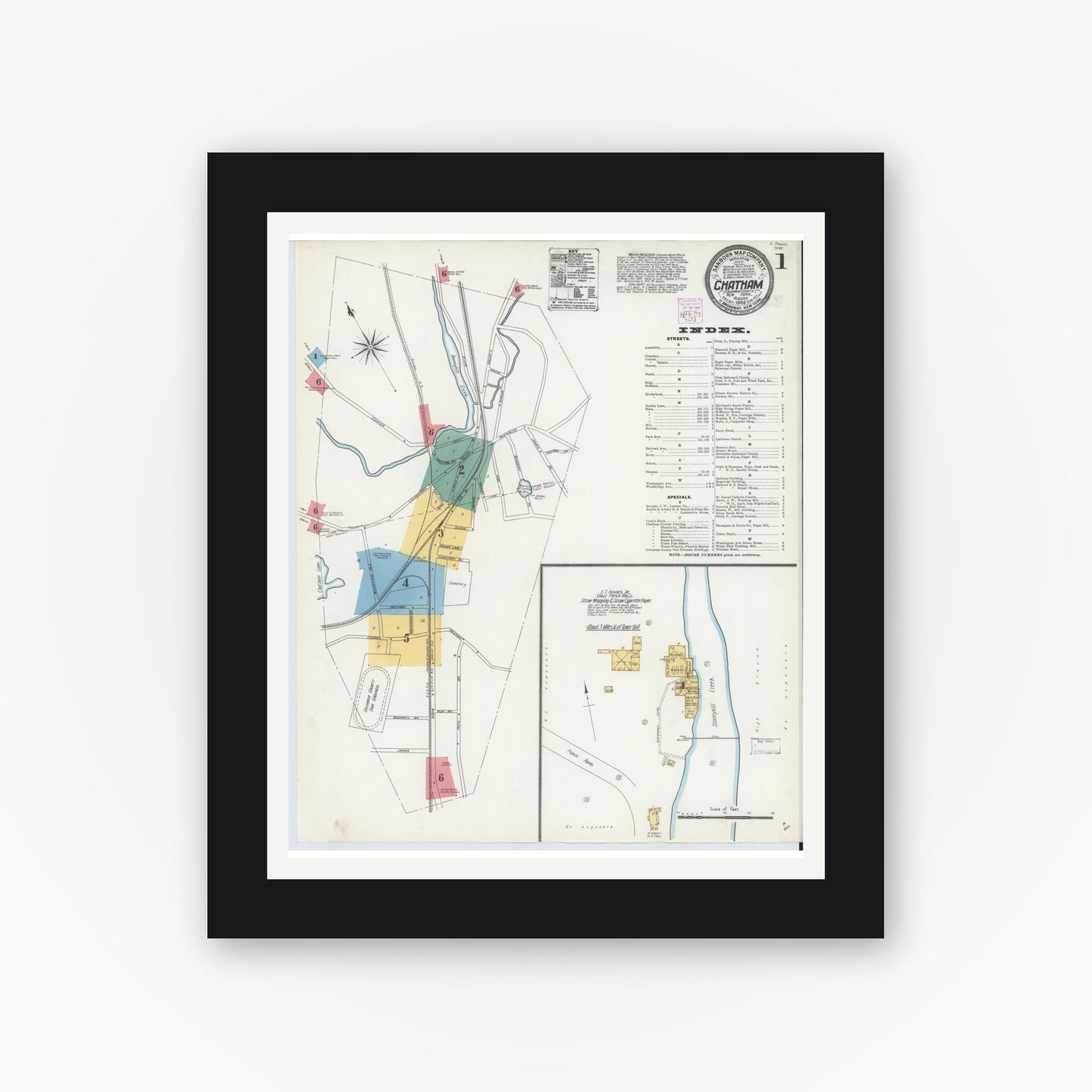 Old map wall art mockup — black gallery frame with white mat — Sanborn Fire Insurance Map from Chatham, Columbia County, New York (1904) - Complete Map Set