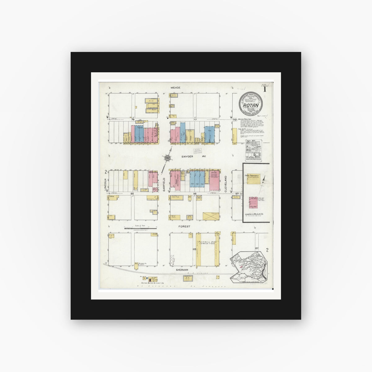Old map wall art mockup — black gallery frame with white mat — Sanborn Fire Insurance Map from Rotan, Fisher County, Texas (1919), Sheet #0001