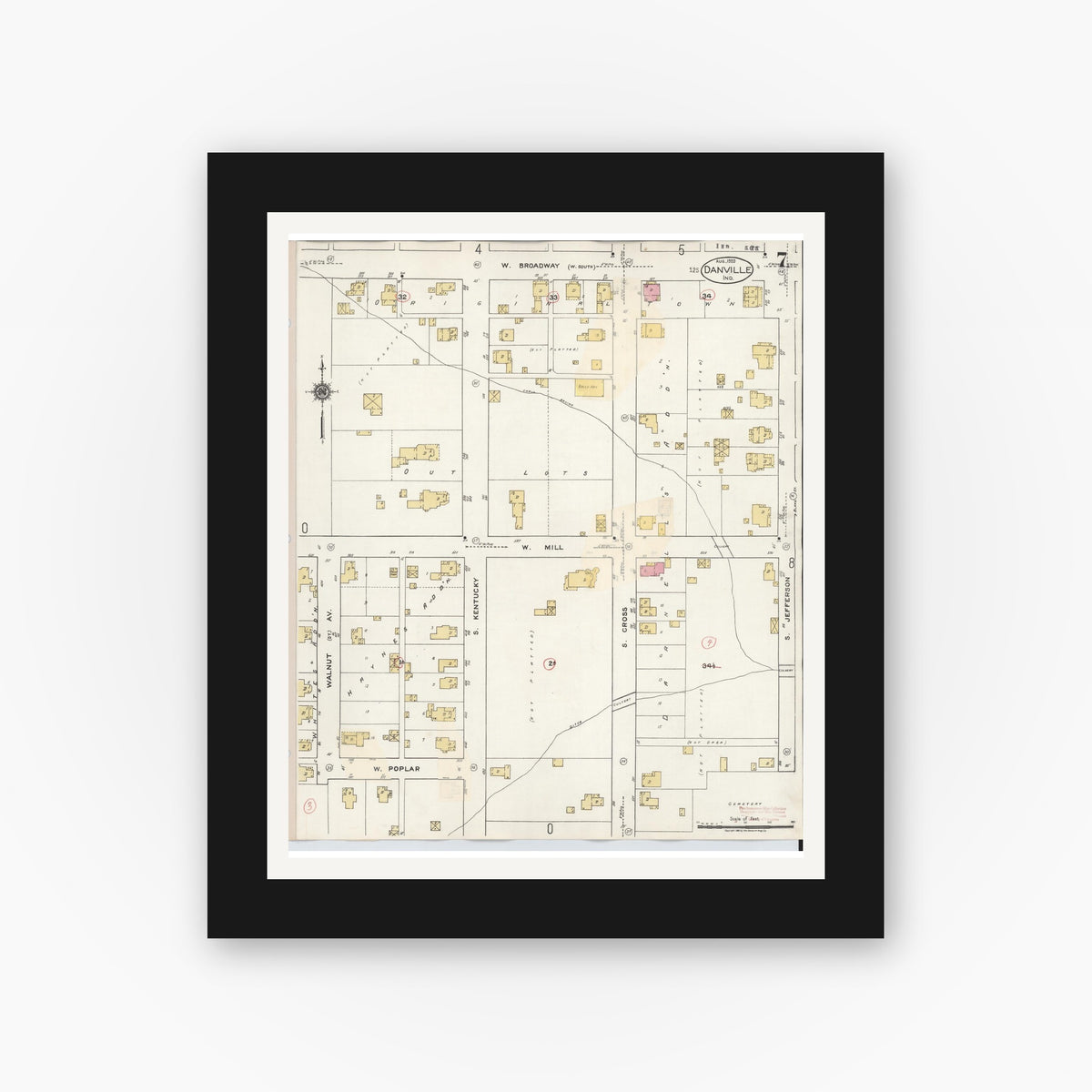 Old map wall art mockup — black gallery frame with white mat — Sanborn Fire Insurance Map from Danville, Hendricks County, Indiana (1932), Sheet #0007