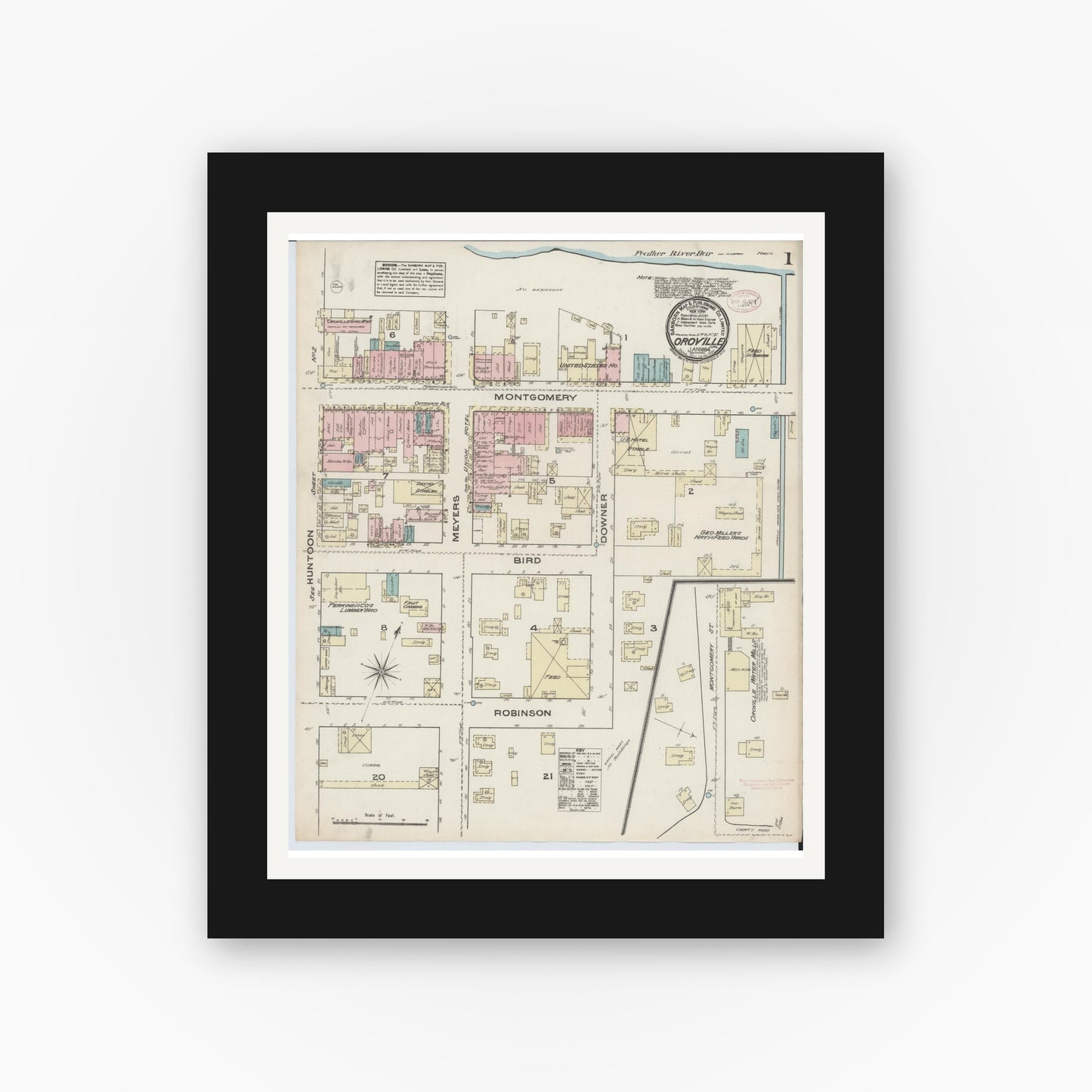 Old map wall art mockup — black gallery frame with white mat — Sanborn Fire Insurance Map from Oroville, Butte County, California (1884) - Complete Map Set