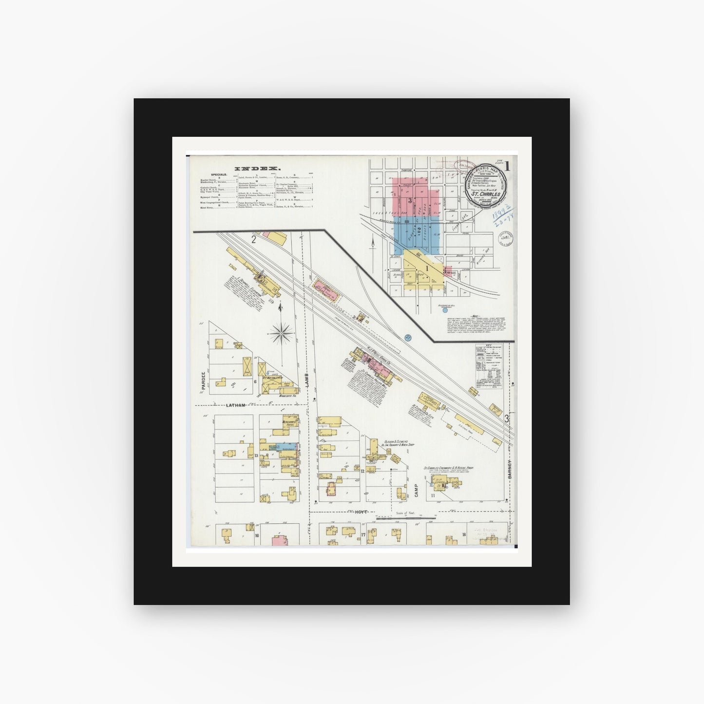 Old map wall art mockup — black gallery frame with white mat — Sanborn Fire Insurance Map from Saint Charles, Winona County, Minnesota (1899) - Complete Map Set