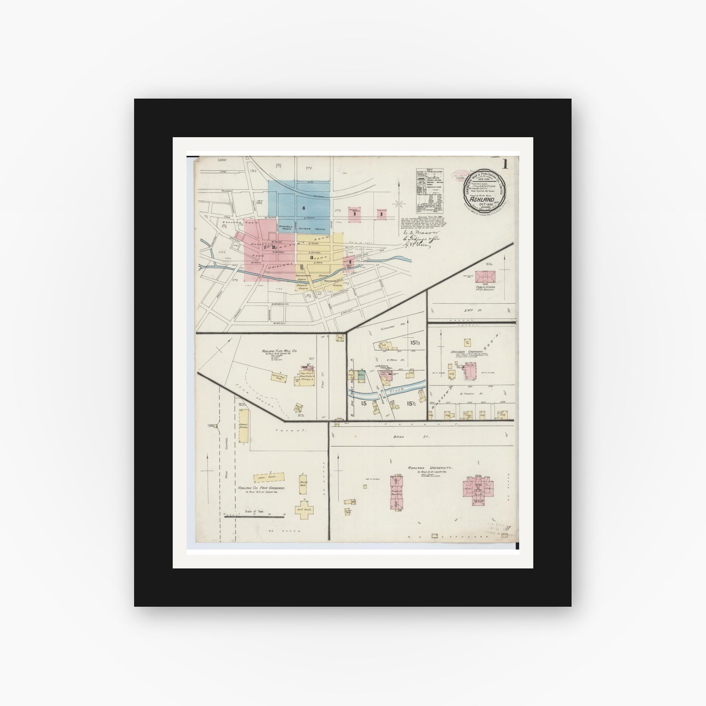 Old map wall art mockup — black gallery frame with white mat — Sanborn Fire Insurance Map from Ashland, Ashland County, Ohio (1888), Sheet #0001