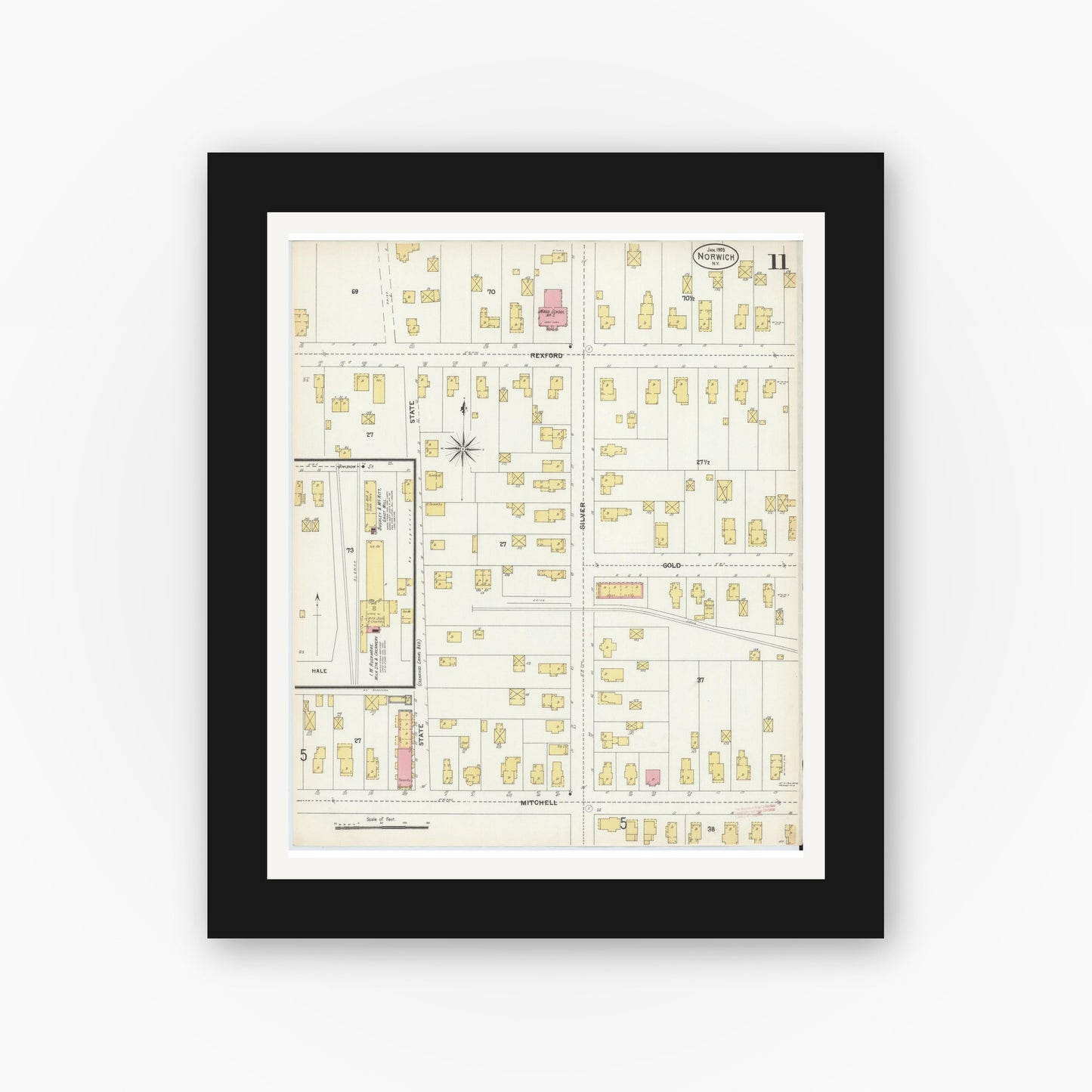 Old map wall art mockup — black gallery frame with white mat — Sanborn Fire Insurance Map from Norwich, Chenango County, New York (1903), Sheet #0011