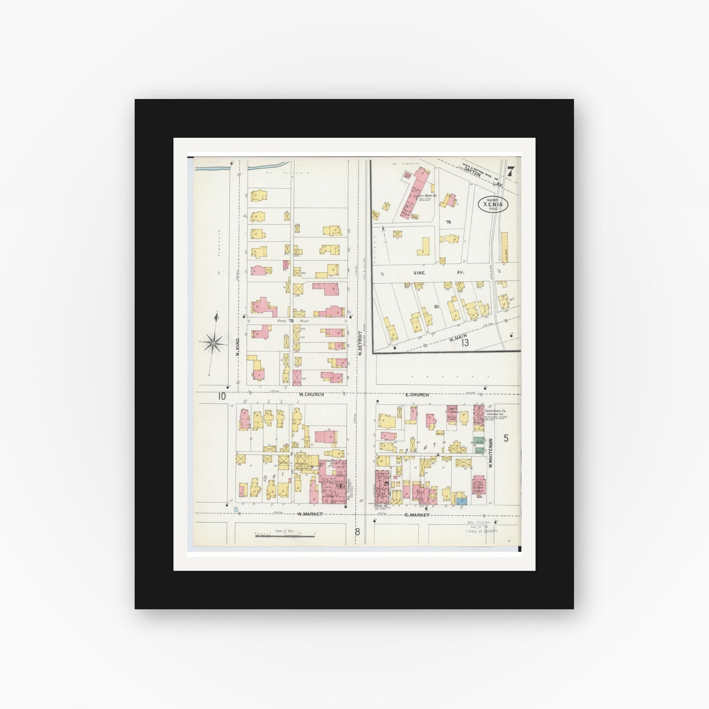Old map wall art mockup — black gallery frame with white mat — Sanborn Fire Insurance Map from Xenia, Greene County, Ohio (1901), Sheet #0007