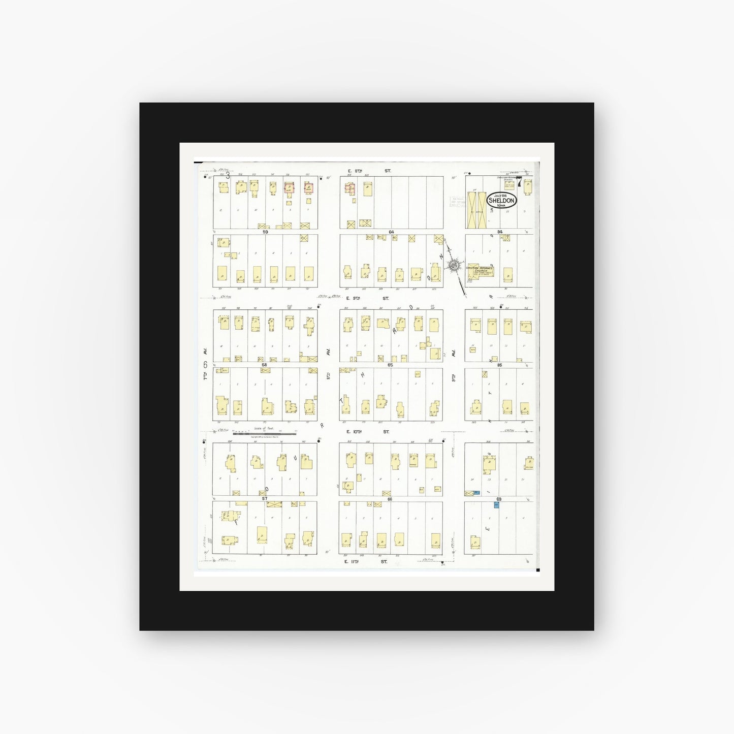 Old map wall art mockup — black gallery frame with white mat — Sanborn Fire Insurance Map from Sheldon, O'Brien County, Iowa (1918), Sheet #0007