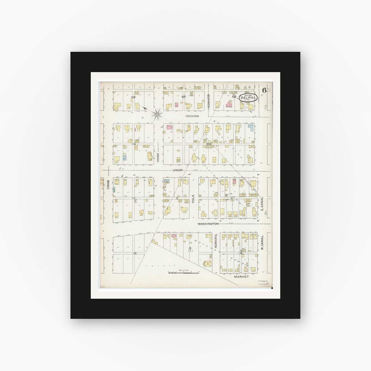 Old map wall art mockup — black gallery frame with white mat — Sanborn Fire Insurance Map from Delphi, Carroll County, Indiana (1893), Sheet #0006
