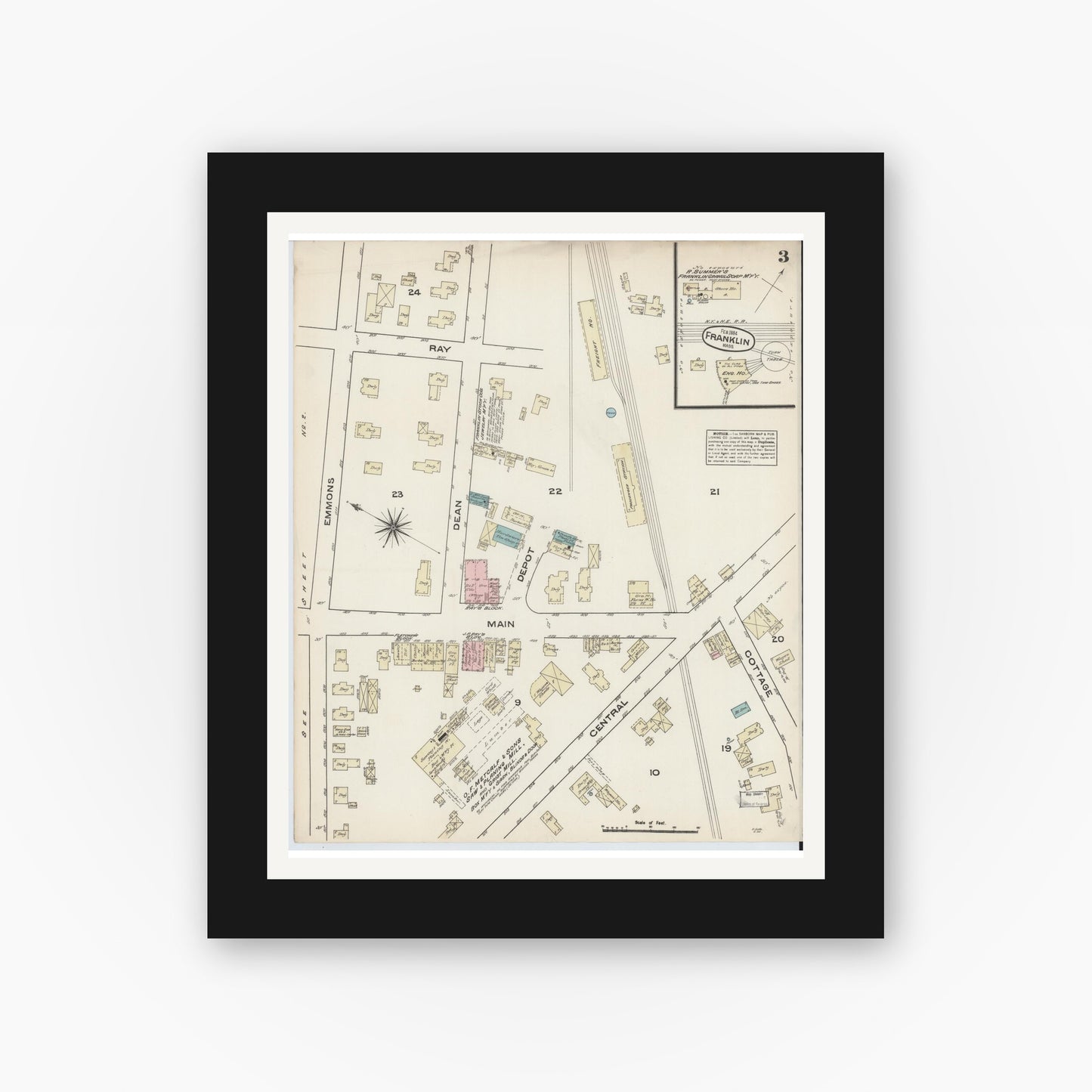 Old map wall art mockup — black gallery frame with white mat — Sanborn Fire Insurance Map from Franklin, Norfolk County, Massachusetts (1884), Sheet #0003