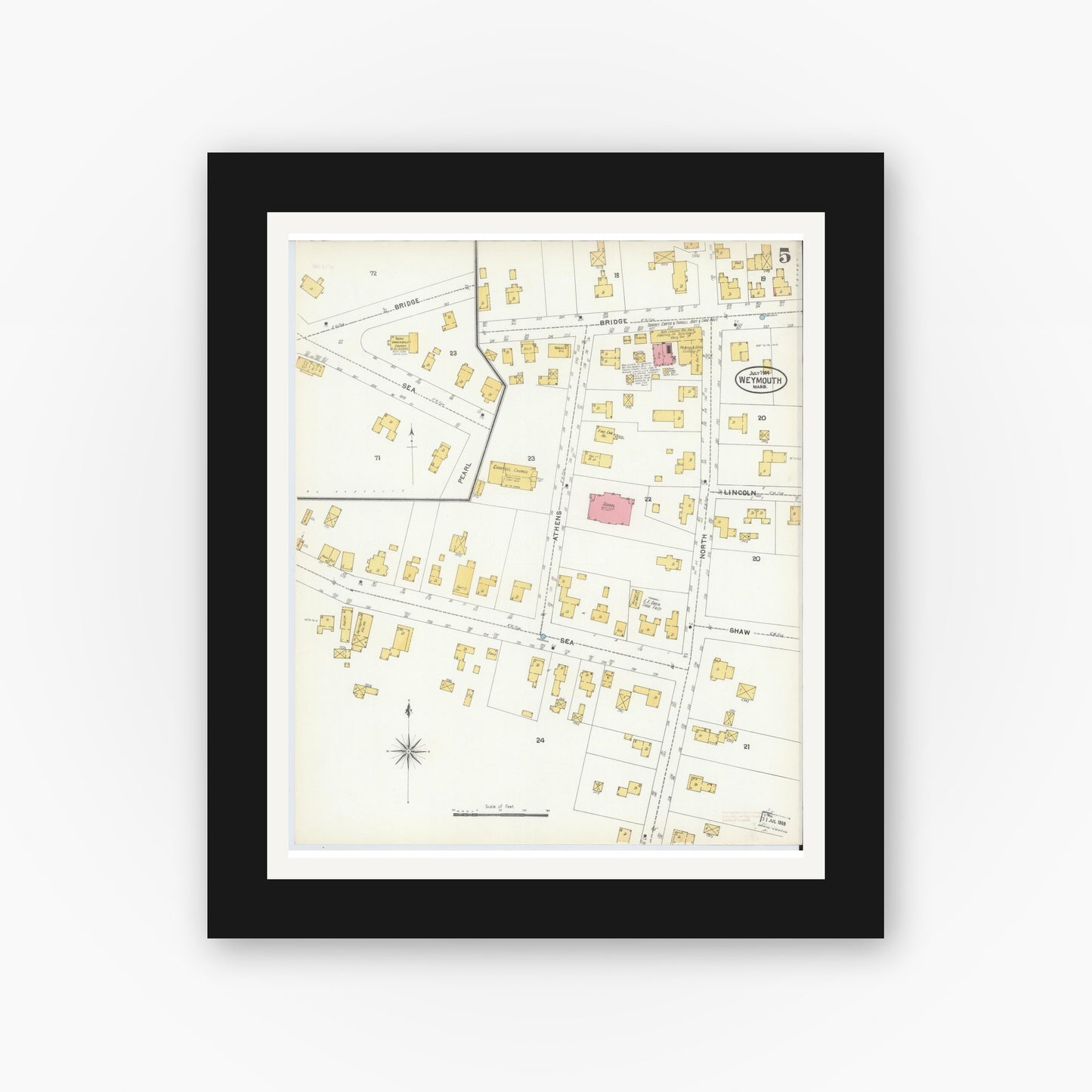 Old map wall art mockup — black gallery frame with white mat — Sanborn Fire Insurance Map from Weymouth, Norfolk County, Massachusetts (1904), Sheet #0005