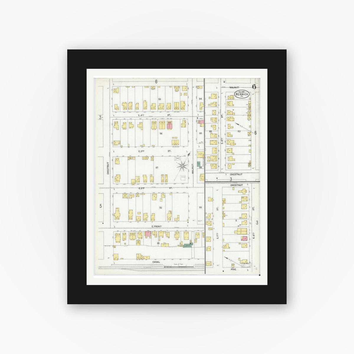 Old map wall art mockup — black gallery frame with white mat — Sanborn Fire Insurance Map from Berwick, Columbia County, Pennsylvania (1901), Sheet #0006