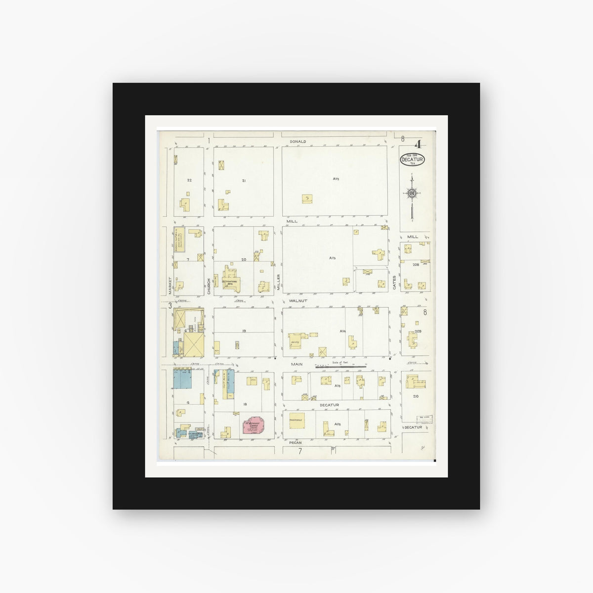 Old map wall art mockup — black gallery frame with white mat — Sanborn Fire Insurance Map from Decatur, Wise County, Texas (1914), Sheet #0004