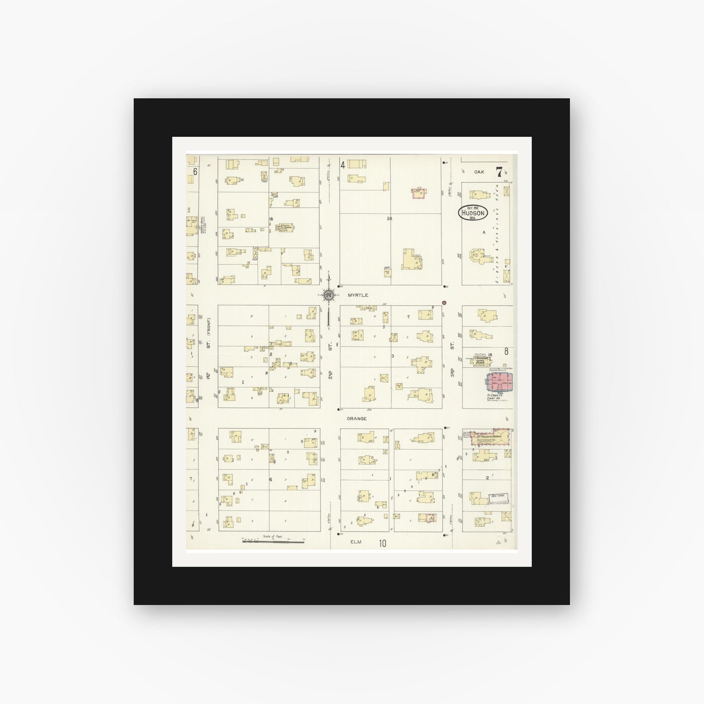 Old map wall art mockup — black gallery frame with white mat — Sanborn Fire Insurance Map from Hudson, St. Croix County, Wisconsin (1912), Sheet #0007