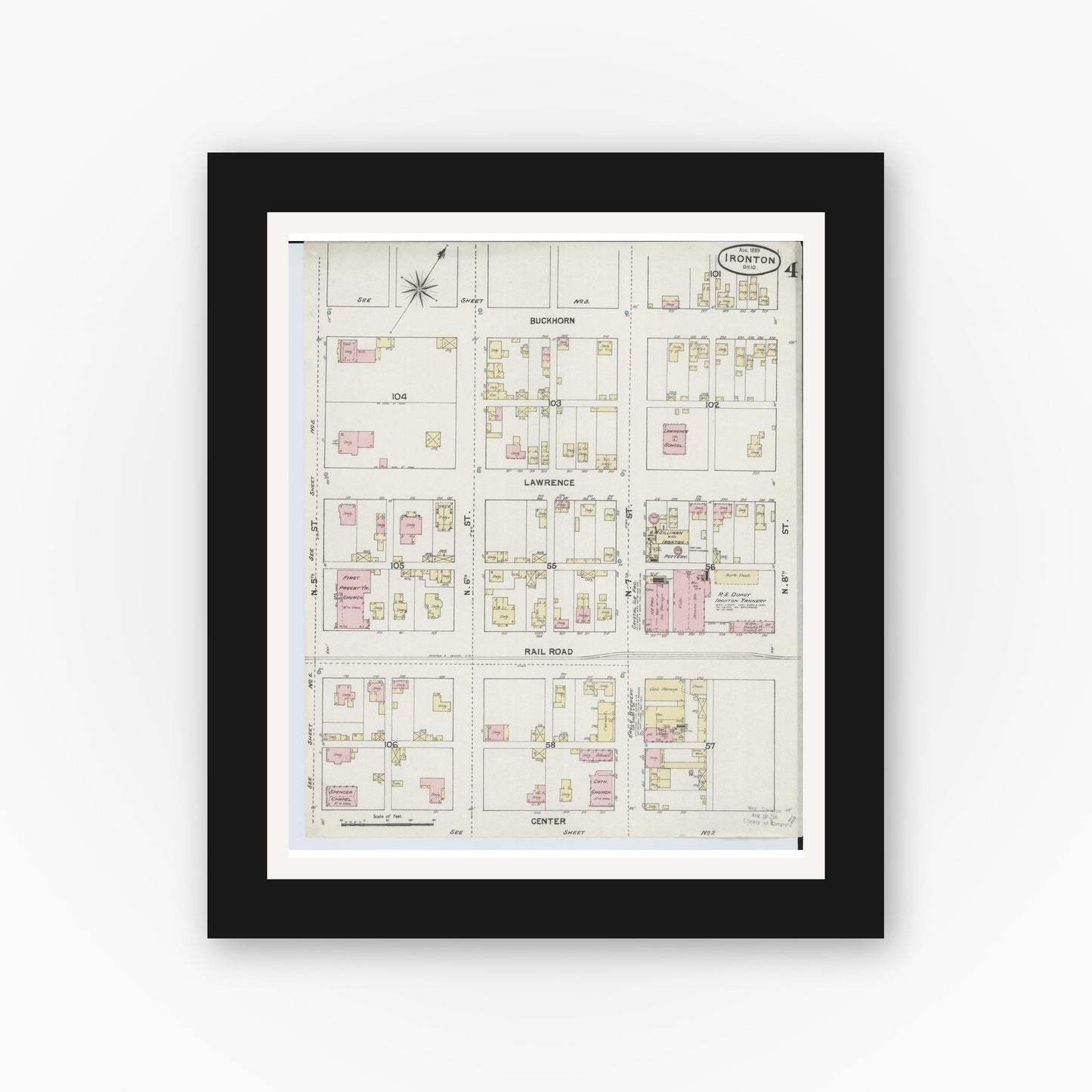 Old map wall art mockup — black gallery frame with white mat — Sanborn Fire Insurance Map from Ironton, Lawrence County, Ohio (1889), Sheet #0004