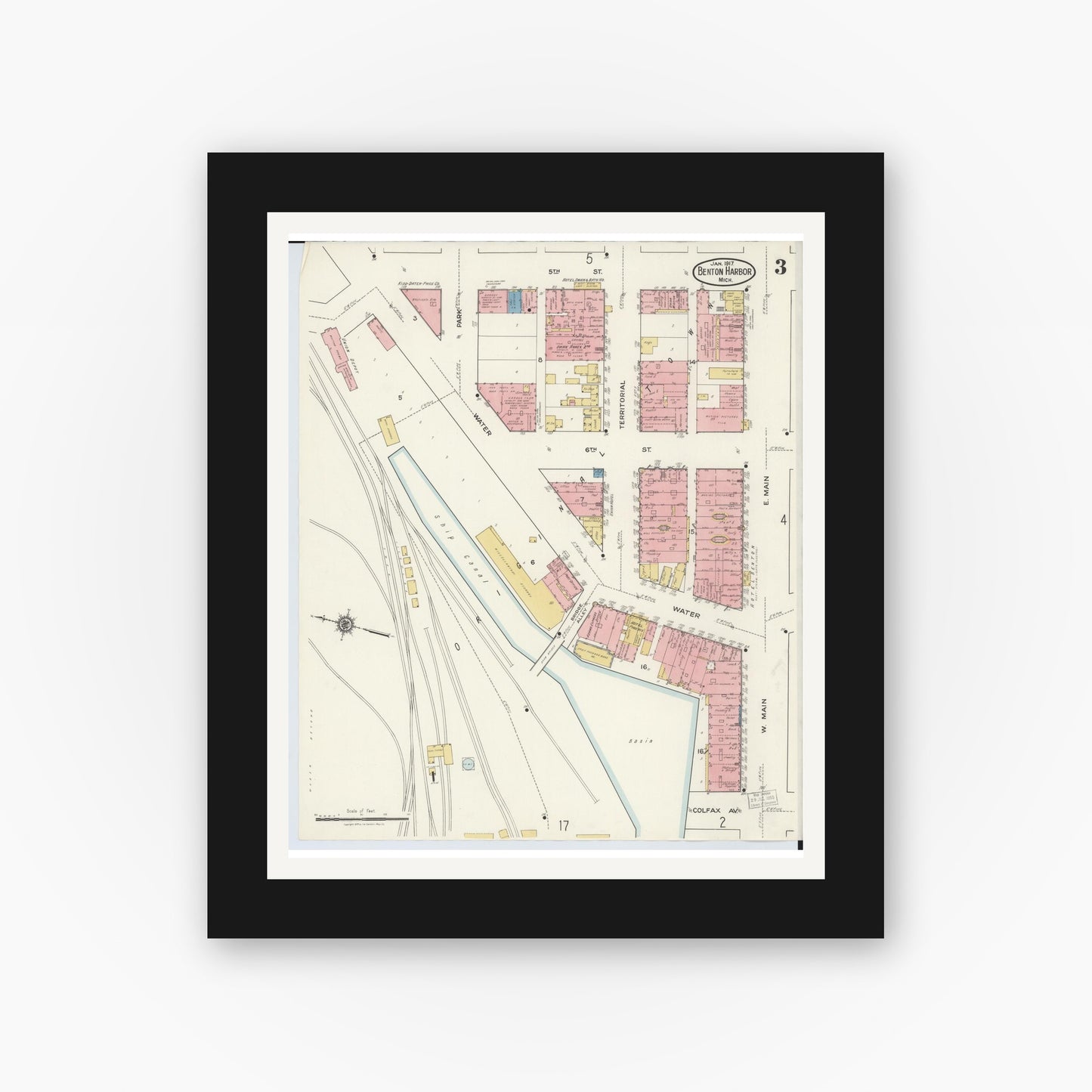 Old map wall art mockup — black gallery frame with white mat — Sanborn Fire Insurance Map from Benton Harbor, Berrien County, Michigan (1917), Sheet #0003