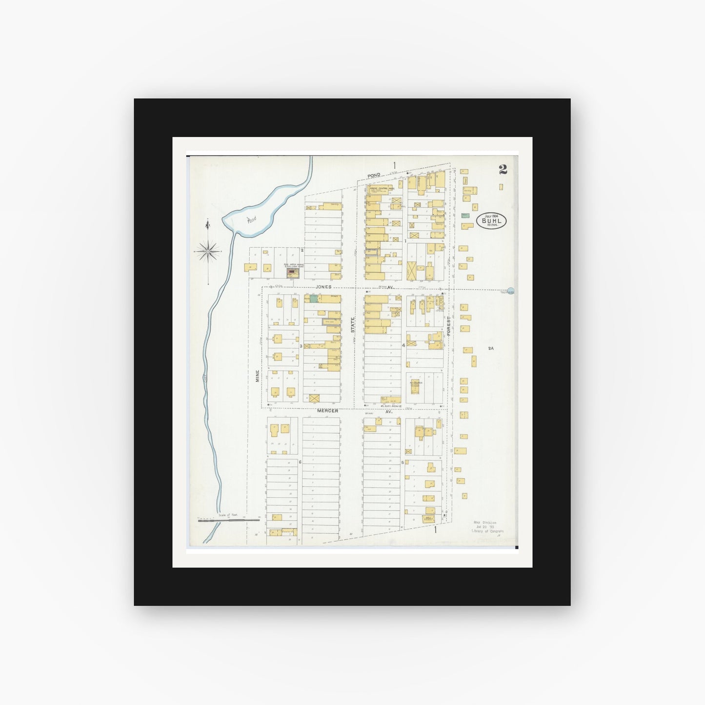 Old map wall art mockup — black gallery frame with white mat — Sanborn Fire Insurance Map from Buhl, Saint Louis County, Minnesota (1904), Sheet #0002