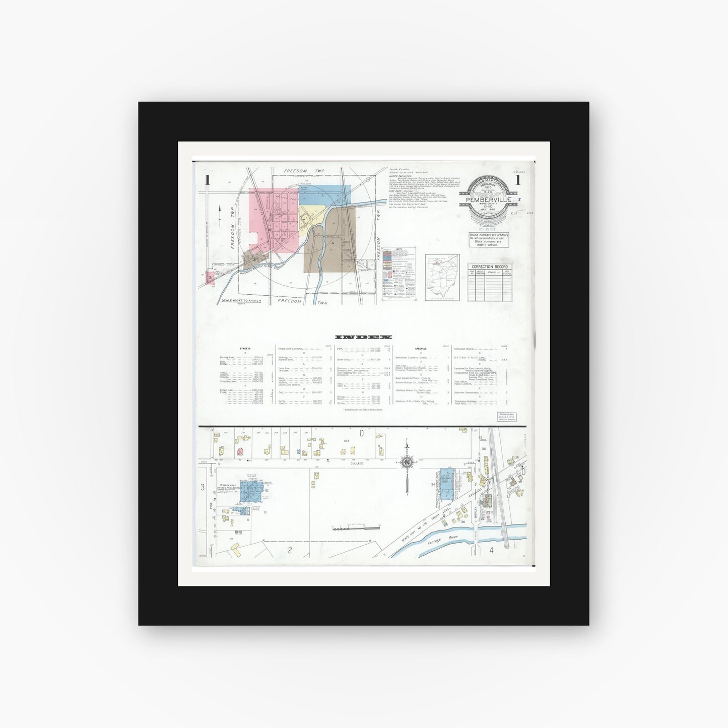 Old map wall art mockup — black gallery frame with white mat — Sanborn Fire Insurance Map from Pemberville, Wood County, Ohio (1948) - Complete Map Set