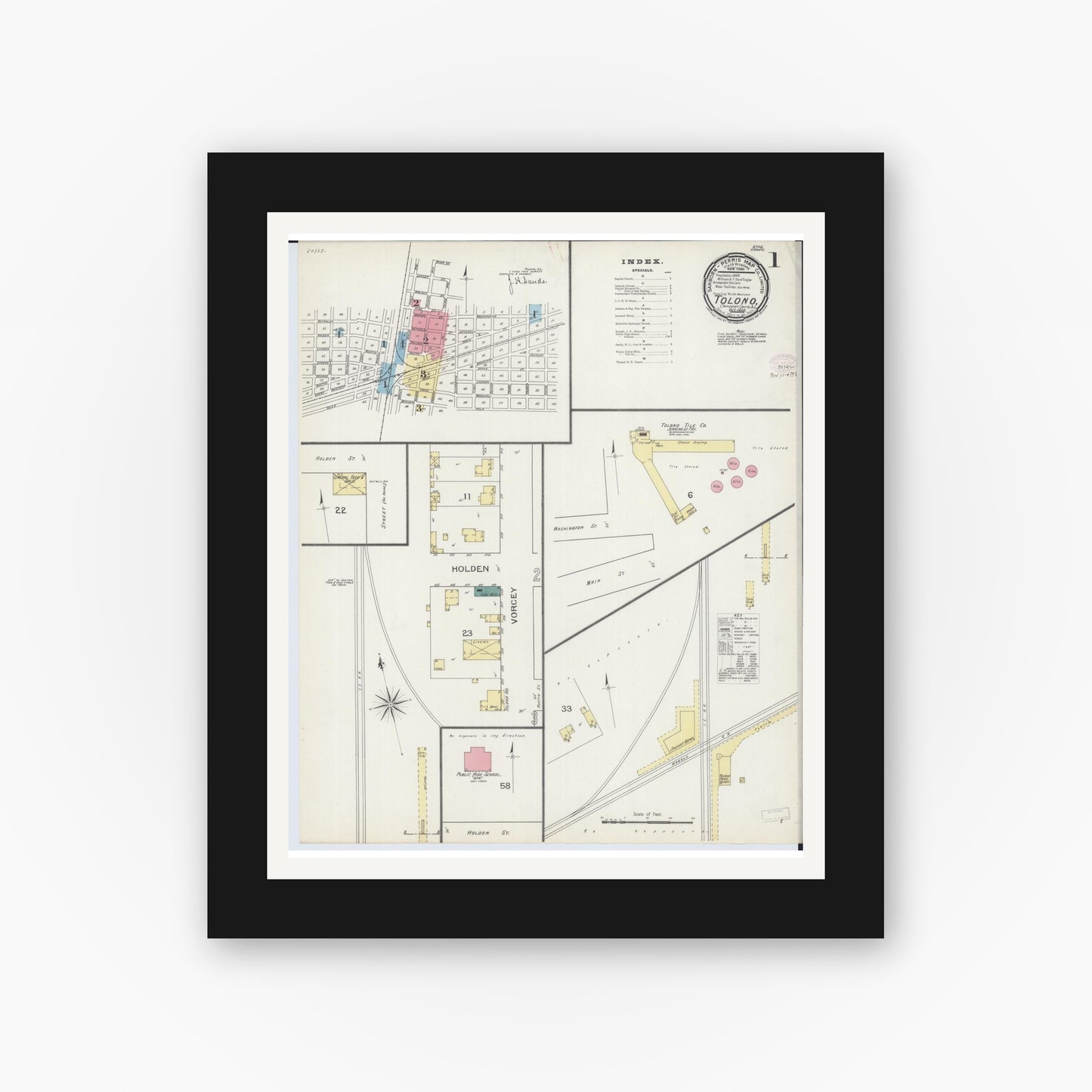 Old map wall art mockup — black gallery frame with white mat — Sanborn Fire Insurance Map from Tolono, Champaign County, Illinois (1893) - Complete Map Set