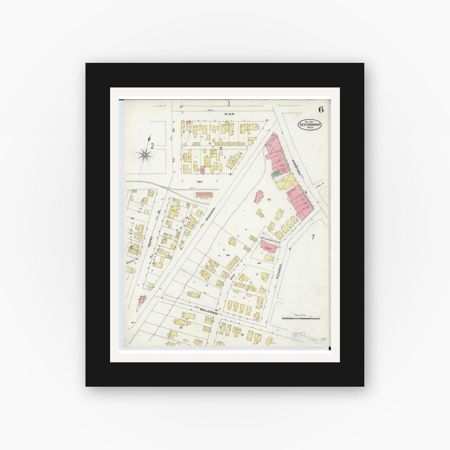 Old map wall art mockup — black gallery frame with white mat — Sanborn Fire Insurance Map from Benton Harbor, Berrien County, Michigan (1905), Sheet #0006