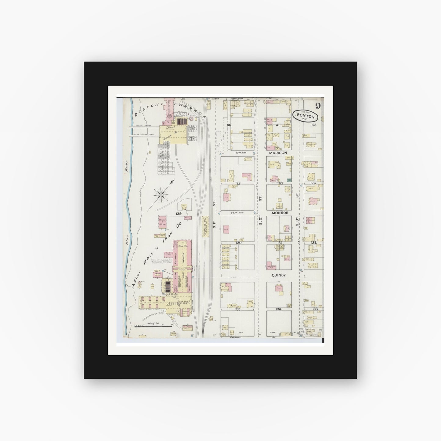 Old map wall art mockup — black gallery frame with white mat — Sanborn Fire Insurance Map from Ironton, Lawrence County, Ohio (1889), Sheet #0009