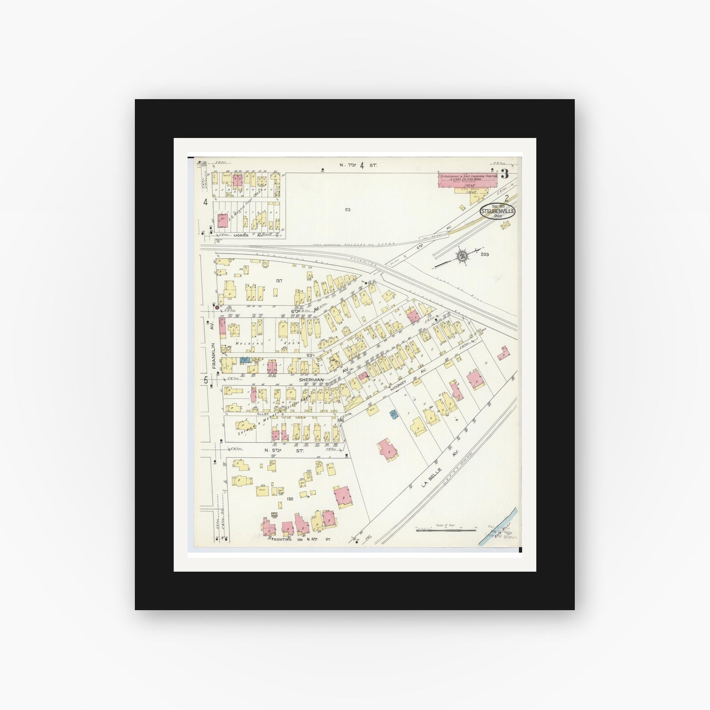 Old map wall art mockup — black gallery frame with white mat — Sanborn Fire Insurance Map from Steubenville, Jefferson County, Ohio (1913), Sheet #0003