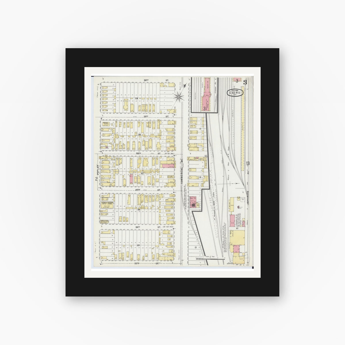 Old map wall art mockup — black gallery frame with white mat — Sanborn Fire Insurance Map from Cairo, Alexander County, Illinois (1896), Sheet #0003