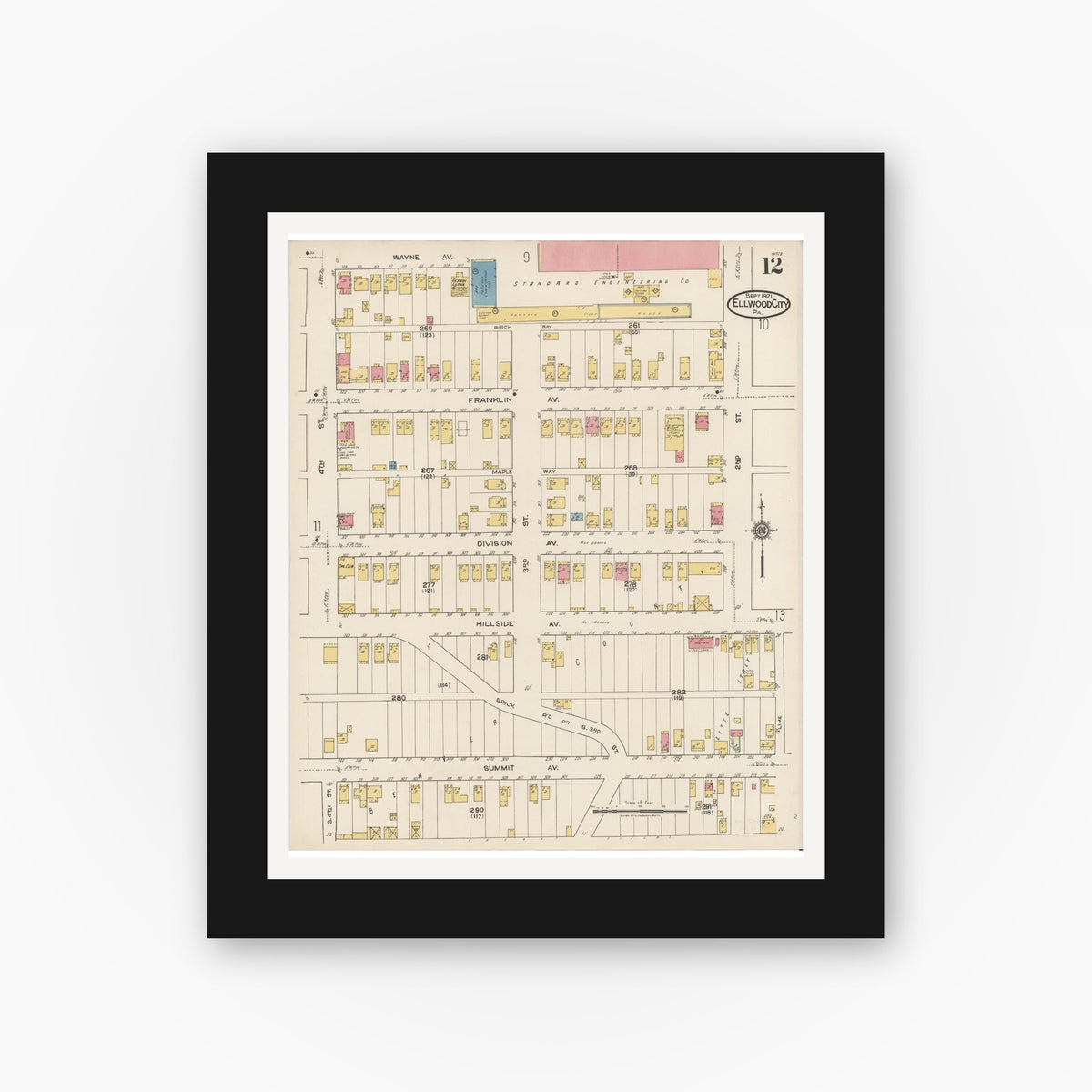 Old map wall art mockup — black gallery frame with white mat — Sanborn Fire Insurance Map from Ellwood City, Lawrence County, Pennsylvania (1921), Sheet #0012