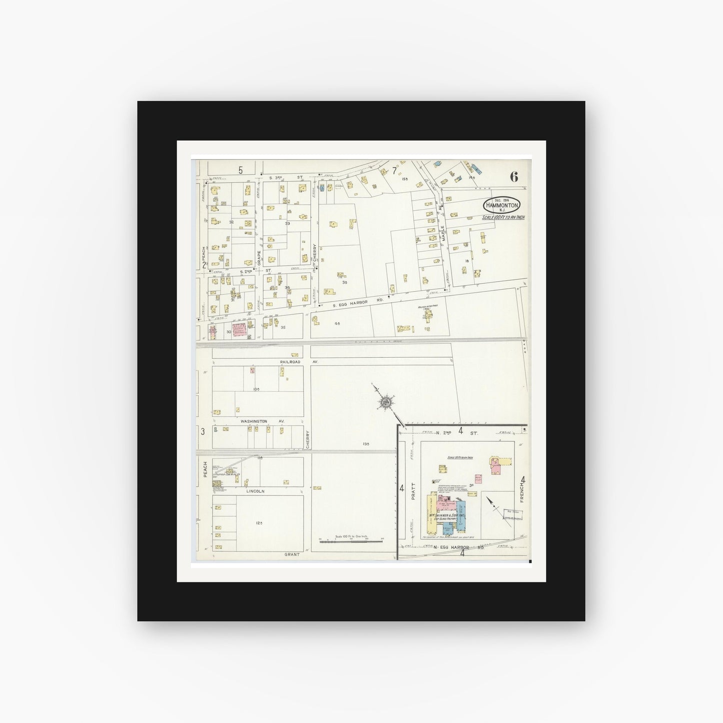 Old map wall art mockup — black gallery frame with white mat — Sanborn Fire Insurance Map from Hammonton, Atlantic County, New Jersey (1914), Sheet #0006