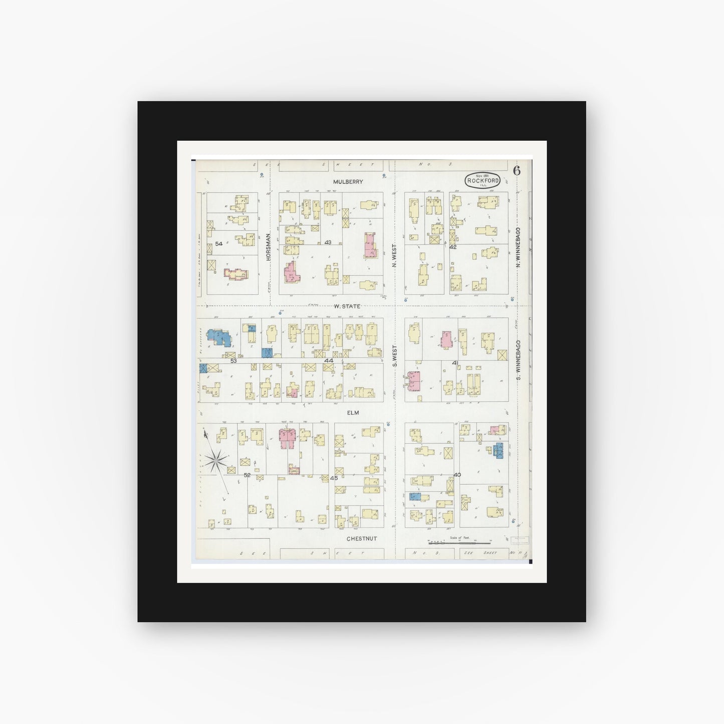 Old map wall art mockup — black gallery frame with white mat — Sanborn Fire Insurance Map from Rockford, Winnebago County, Illinois (1891), Sheet #0006