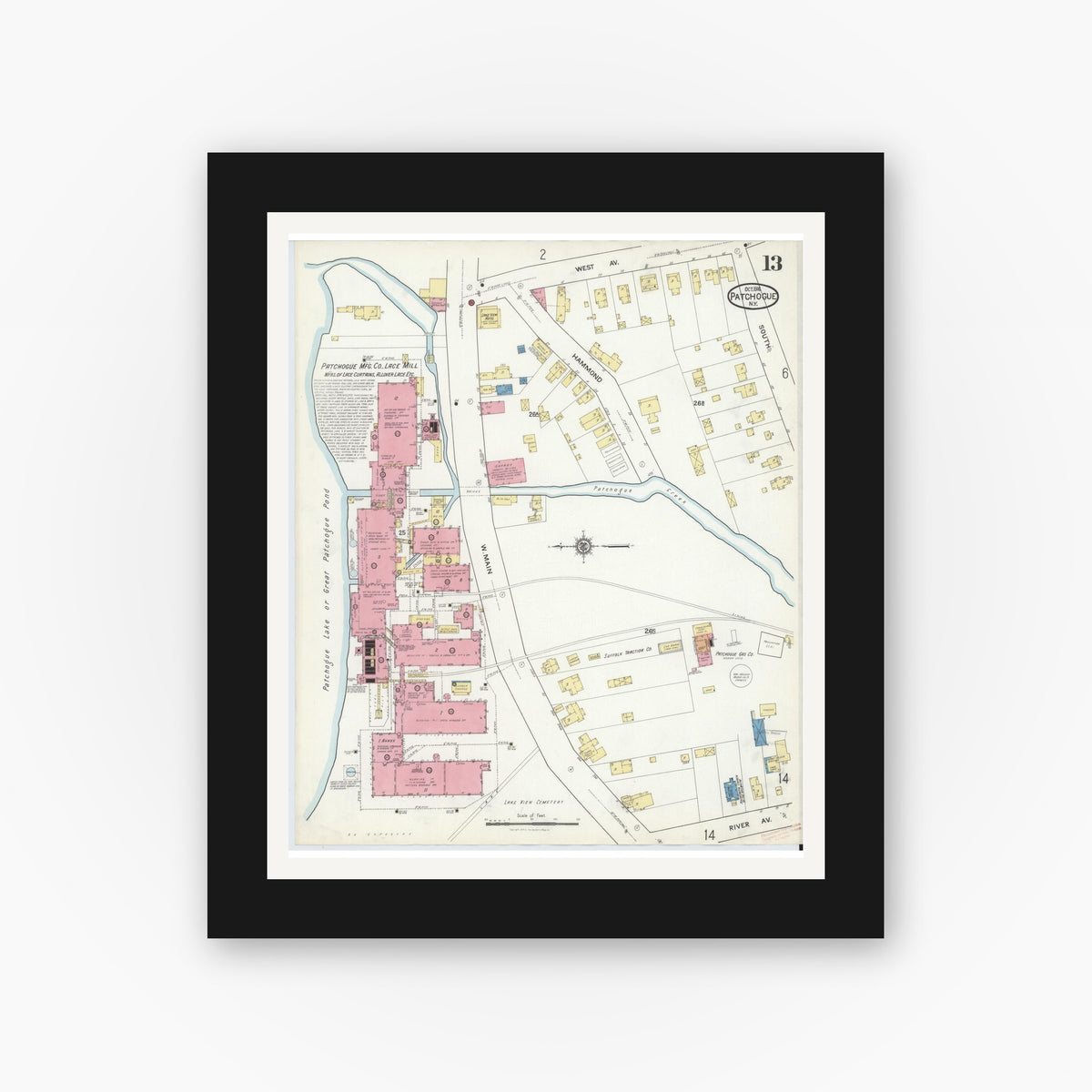 Old map wall art mockup — black gallery frame with white mat — Sanborn Fire Insurance Map from Patchogue, Suffolk County, New York (1916), Sheet #0013