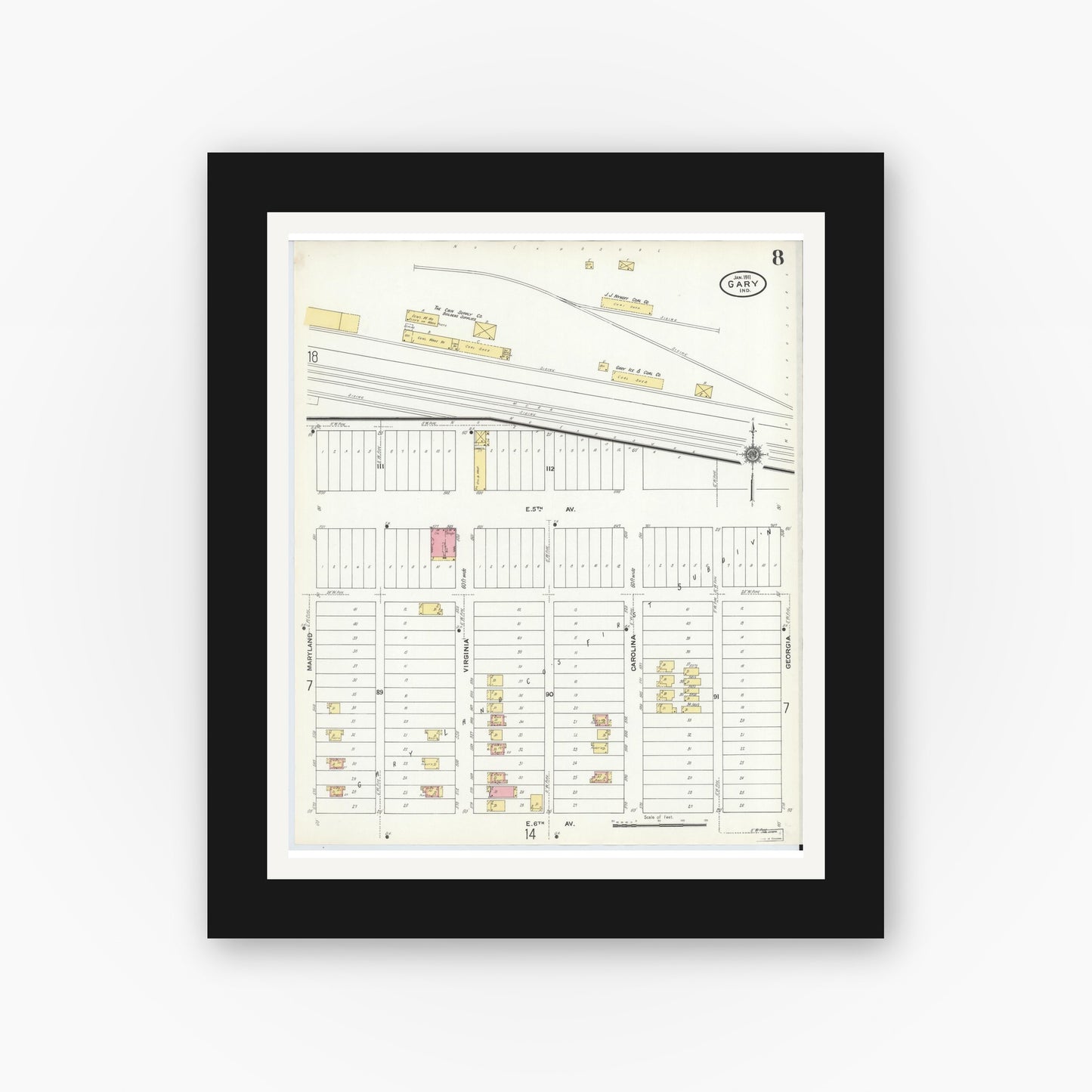 Old map wall art mockup — black gallery frame with white mat — Sanborn Fire Insurance Map from Gary, Lake County, Indiana (1911), Sheet #0008
