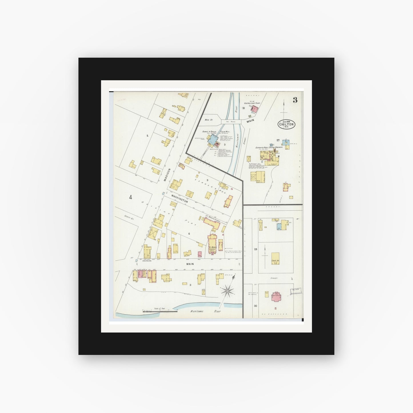 Old map wall art mockup — black gallery frame with white mat — Sanborn Fire Insurance Map from Chilton, Calumet County, Wisconsin (1898), Sheet #0003