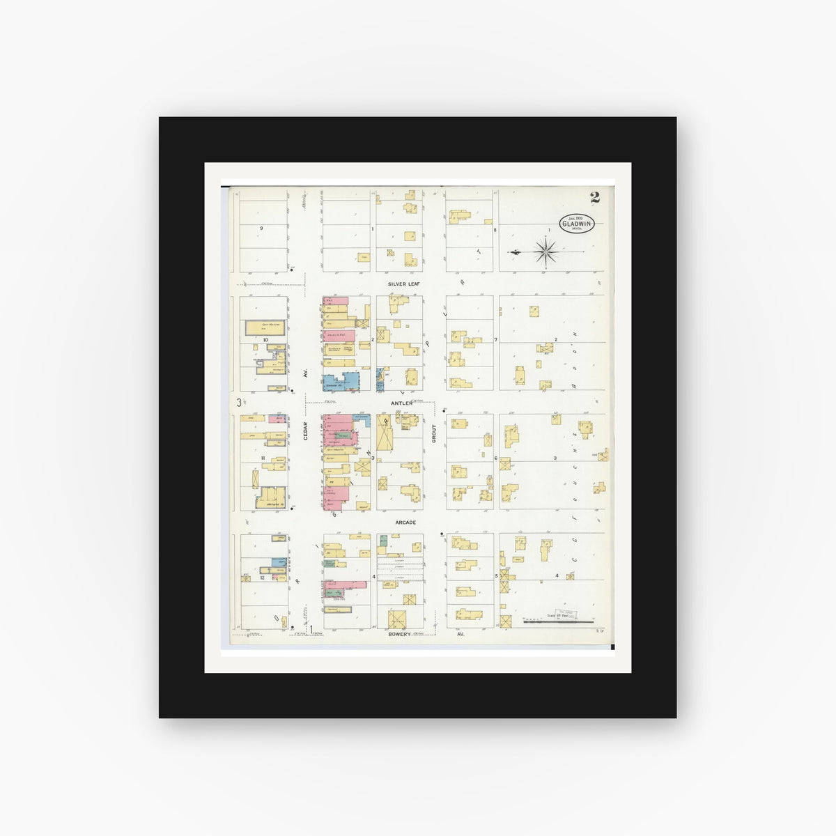 Old map wall art mockup — black gallery frame with white mat — Sanborn Fire Insurance Map from Gladwin, Gladwin County, Michigan (1909), Sheet #0002