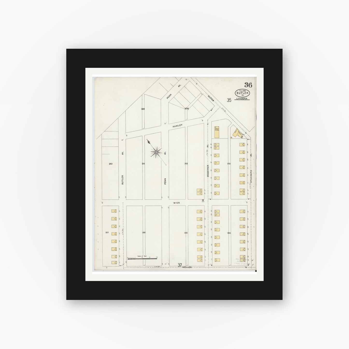 Old map wall art mockup — black gallery frame with white mat — Sanborn Fire Insurance Map from Butler, Butler County, Pennsylvania (1906), Sheet #0036
