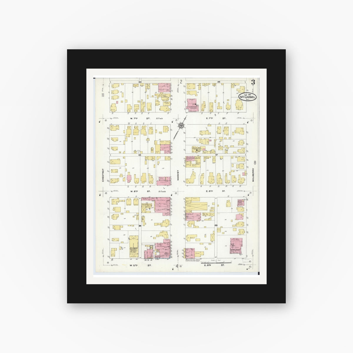 Old map wall art mockup — black gallery frame with white mat — Sanborn Fire Insurance Map from Mount Carmel, Wabash County, Illinois (1910), Sheet #0003