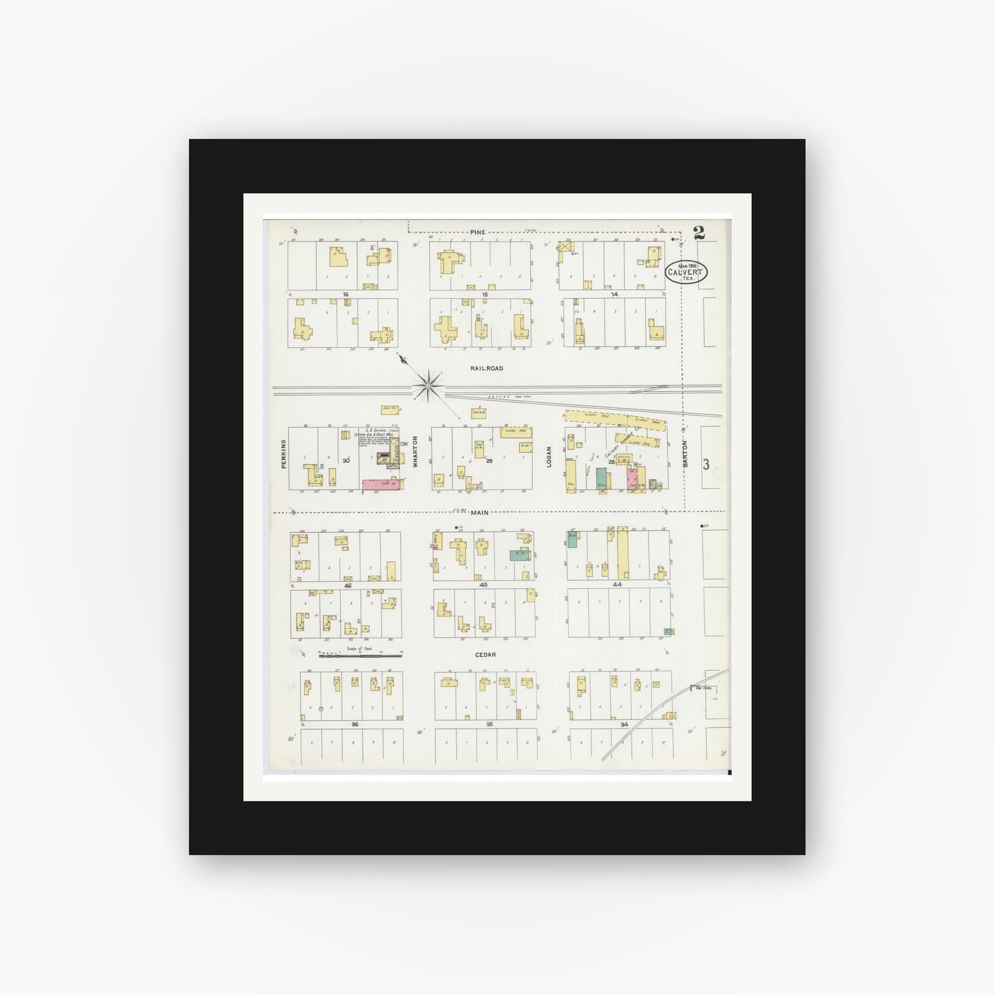 Old map wall art mockup — black gallery frame with white mat — Sanborn Fire Insurance Map from Calvert, Robertson County, Texas (1906), Sheet #0002