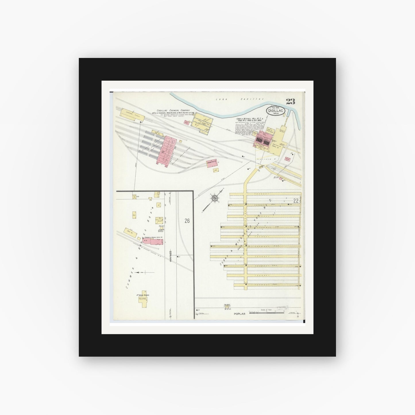 Old map wall art mockup — black gallery frame with white mat — Sanborn Fire Insurance Map from Cadillac, Wexford County, Michigan (1914), Sheet #0023