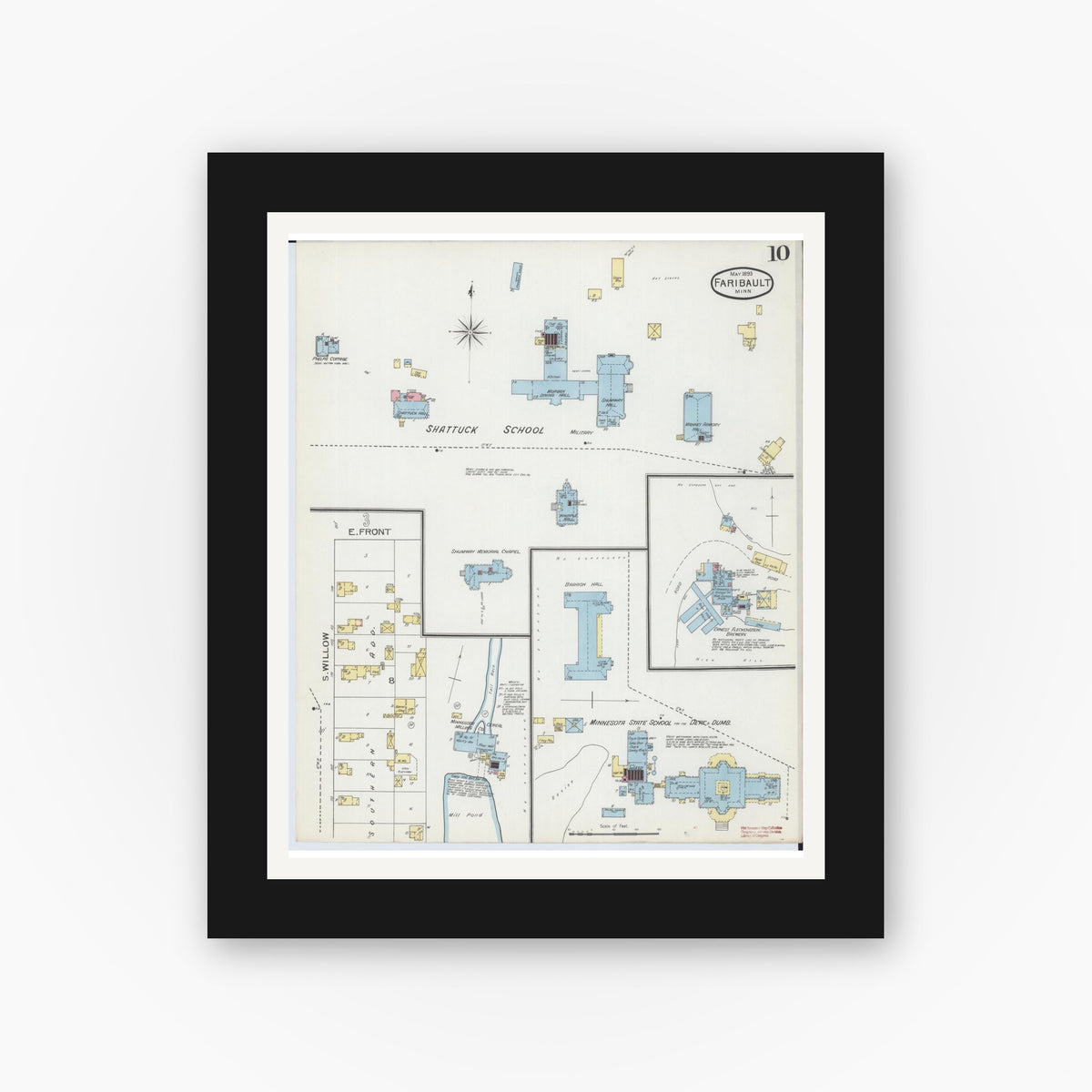 Old map wall art mockup — black gallery frame with white mat — Sanborn Fire Insurance Map from Faribault, Rice County, Minnesota (1893), Sheet #0010