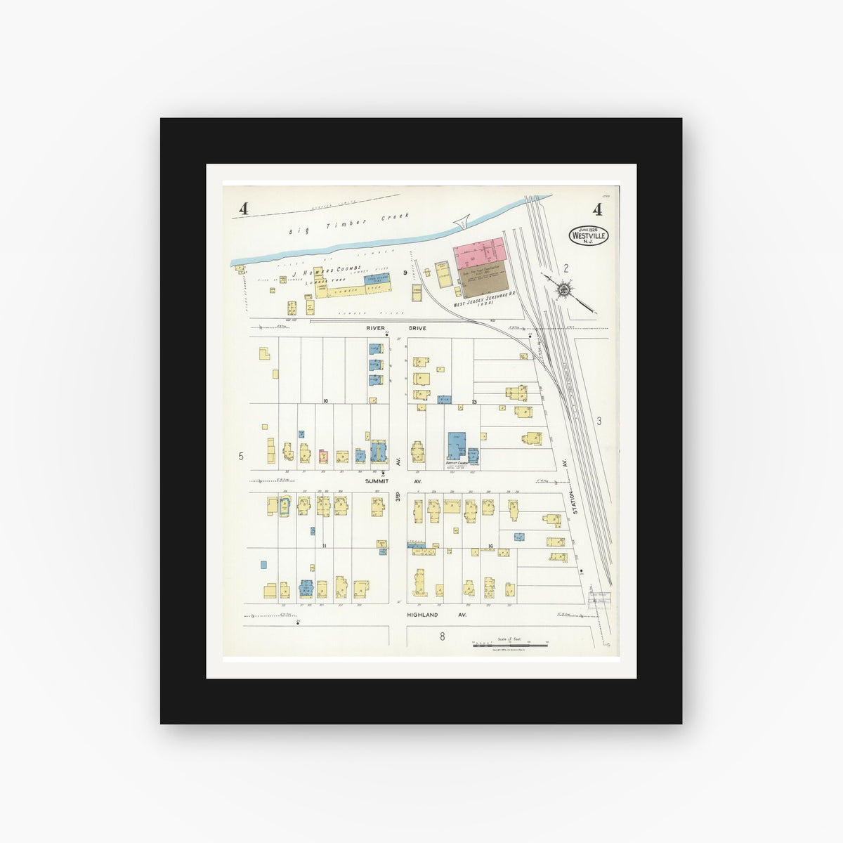Old map wall art mockup — black gallery frame with white mat — Sanborn Fire Insurance Map from Westville, Gloucester County, New Jersey (1926), Sheet #0004