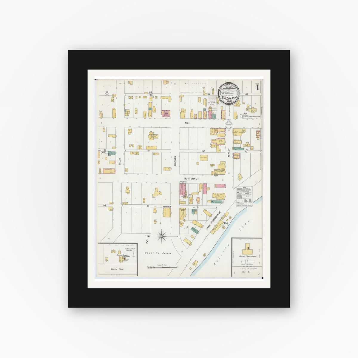 Old map wall art mockup — black gallery frame with white mat — Sanborn Fire Insurance Map from Buffalo, Wright County, Minnesota (1900) - Complete Map Set