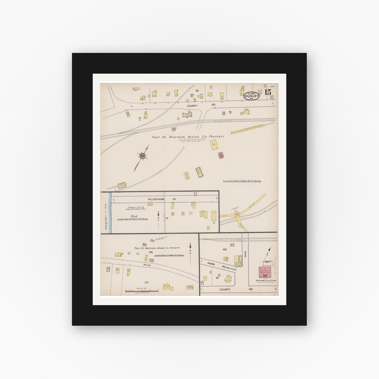 Old map wall art mockup — black gallery frame with white mat — Sanborn Fire Insurance Map from Hurley, Iron County, Wisconsin (1922), Sheet #0015