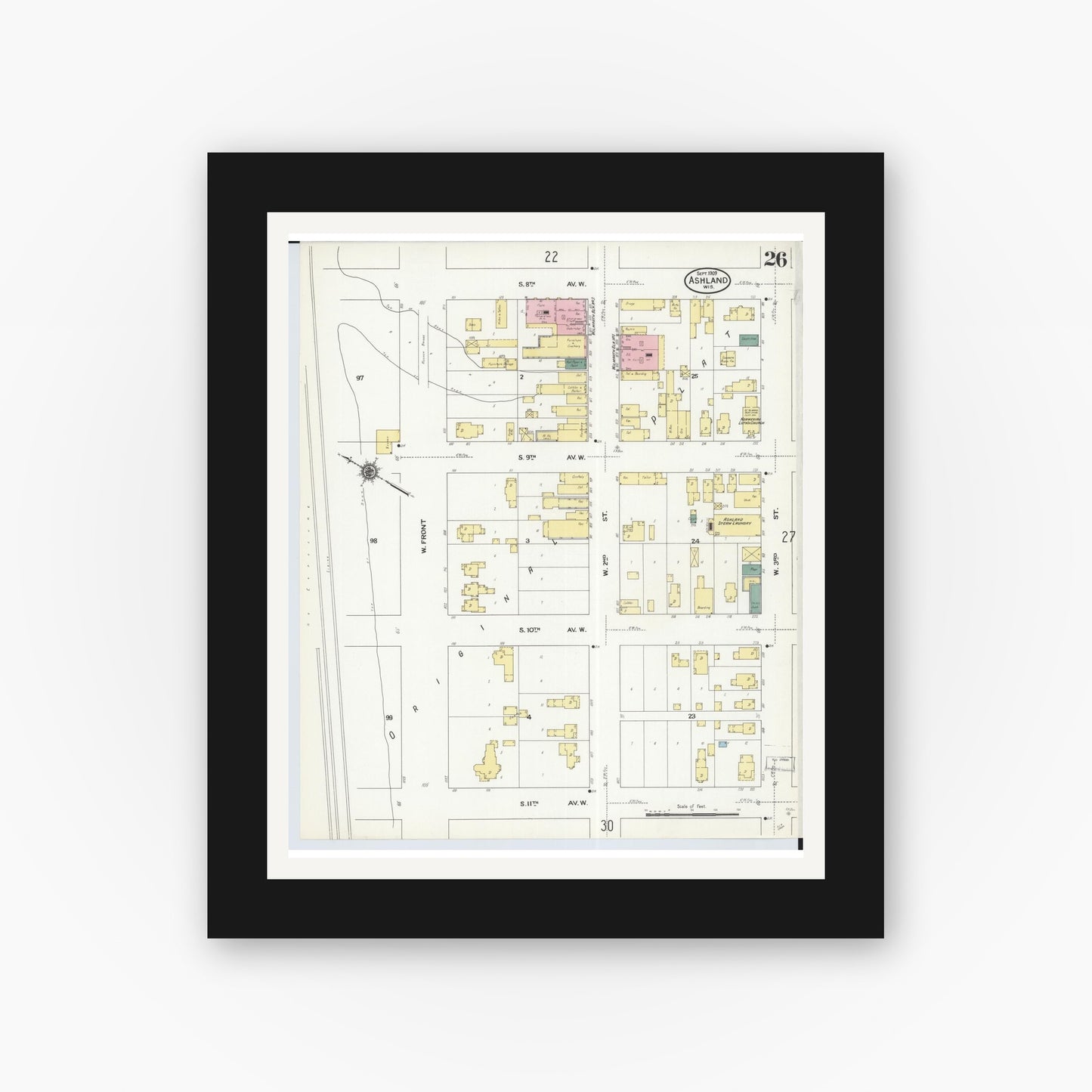 Old map wall art mockup — black gallery frame with white mat — Sanborn Fire Insurance Map from Ashland, Ashland County, Wisconsin (1909), Sheet #0026