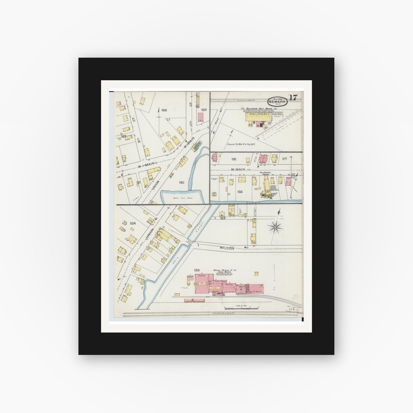 Old map wall art mockup — black gallery frame with white mat — Sanborn Fire Insurance Map from Newark, Licking County, Ohio (1893), Sheet #0017