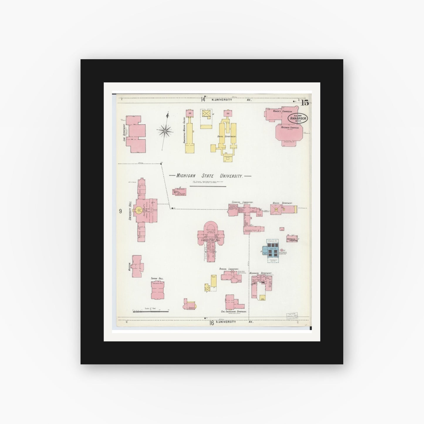 Old map wall art mockup — black gallery frame with white mat — Sanborn Fire Insurance Map from Ann Arbor, Washtenaw County, Michigan (1899), Sheet #0015