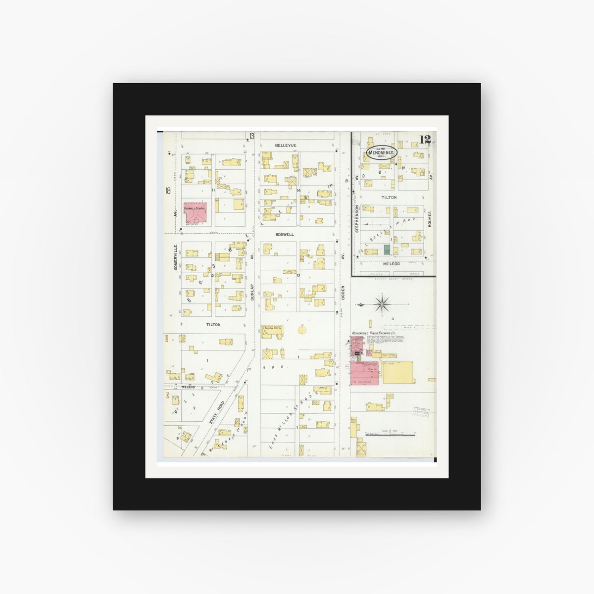 Old map wall art mockup — black gallery frame with white mat — Sanborn Fire Insurance Map from Menominee, Menominee County, Michigan (1901), Sheet #0012