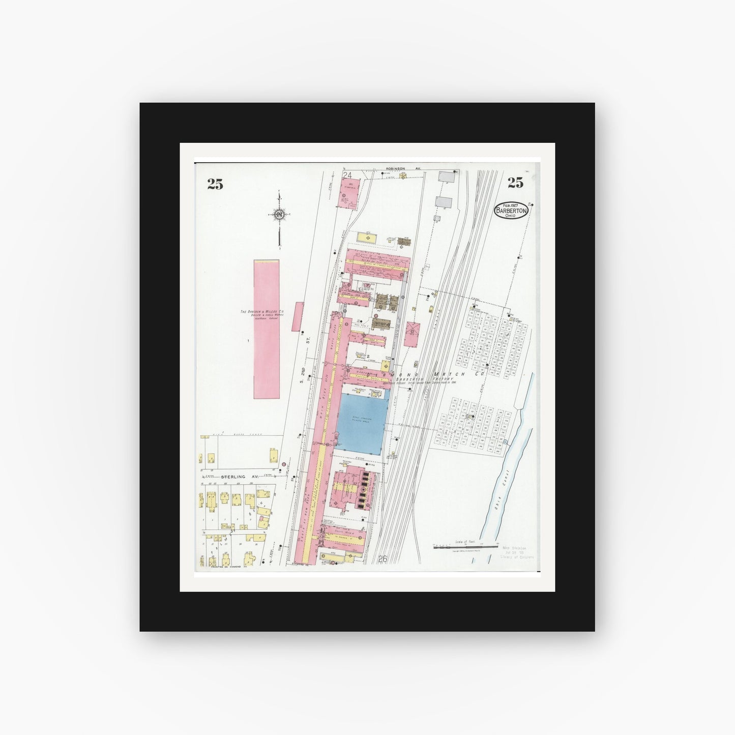Old map wall art mockup — black gallery frame with white mat — Sanborn Fire Insurance Map from Barberton, Summit County, Ohio (1927), Sheet #0025
