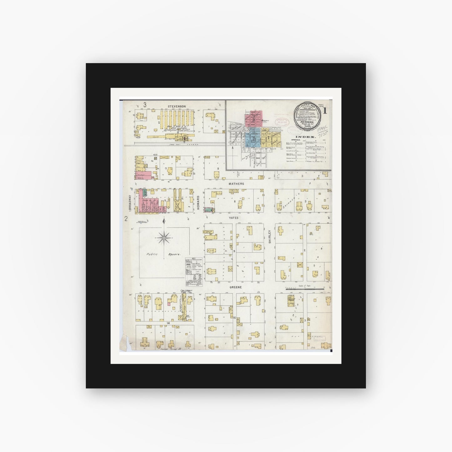 Old map wall art mockup — black gallery frame with white mat — Sanborn Fire Insurance Map from Newman, Douglas County, Illinois (1898) - Complete Map Set