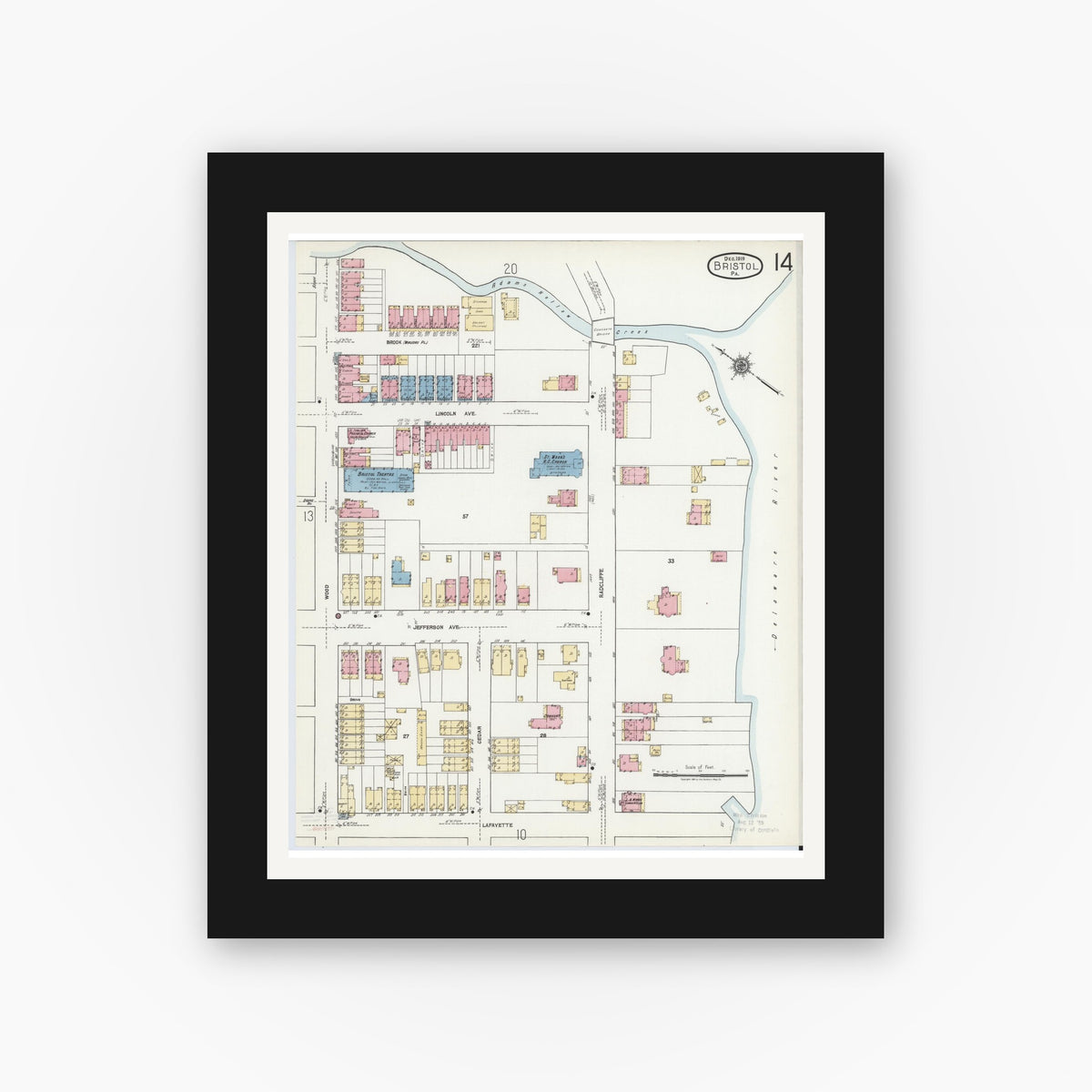 Old map wall art mockup β black gallery frame with white mat β Sanborn Fire Insurance Map from Bristol, Bucks County, Pennsylvania (1927), Sheet #0014