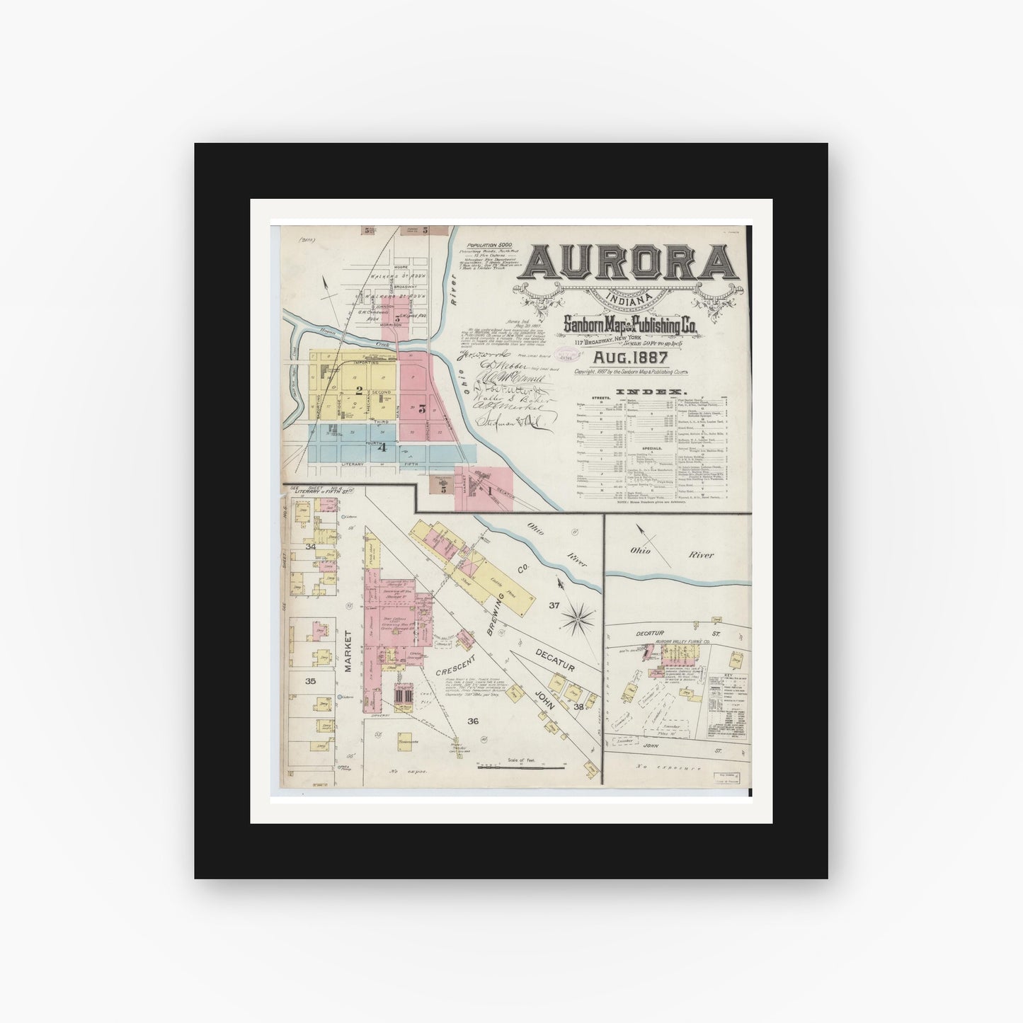 Old map wall art mockup — black gallery frame with white mat — Sanborn Fire Insurance Map from Aurora, Dearborn County, Indiana (1887) - Complete Map Set